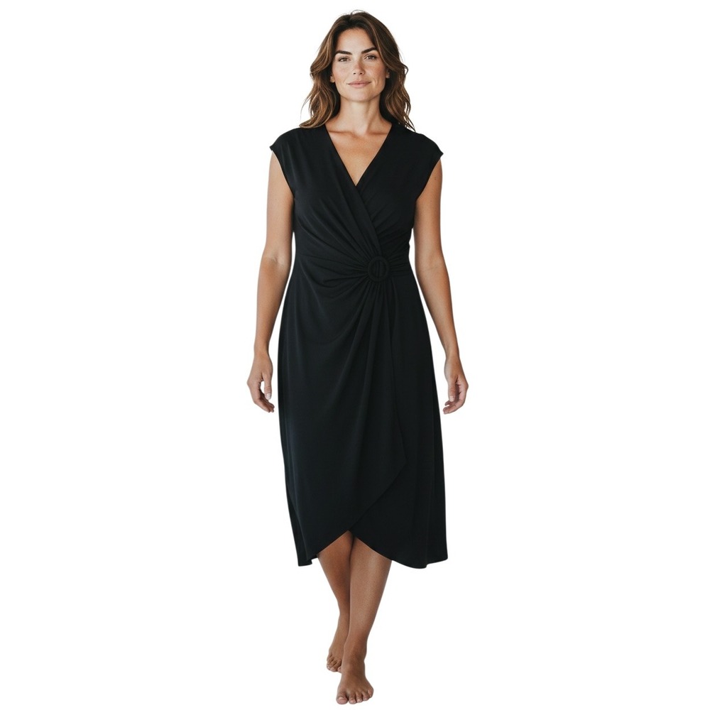 Tommy Bahama Clara Faux Wrap Dress Black Sleeveless Ring Detail Midi Small NEW